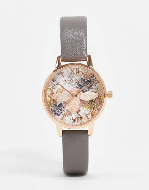 Olivia Burton leather watch with 3D bee in gray and rose gold