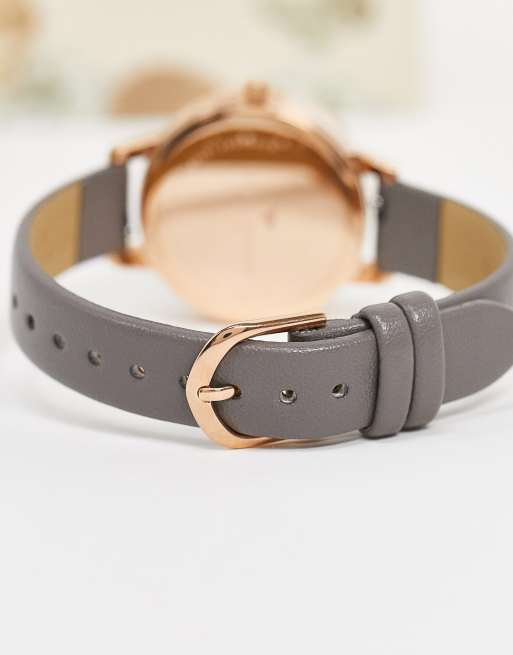 Olivia Burton leather watch with 3D bee in gray and rose gold, 2 of 4