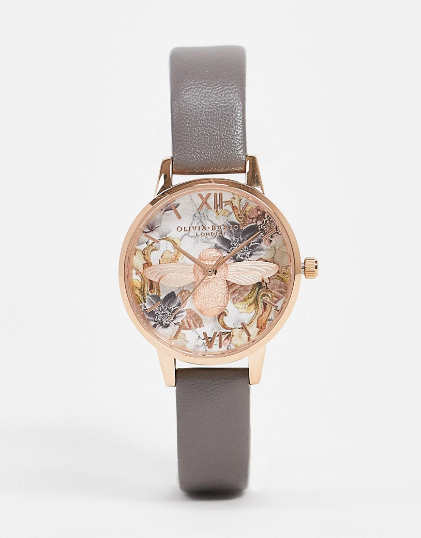 Olivia Burton leather watch with 3D bee in grey and rose goLd