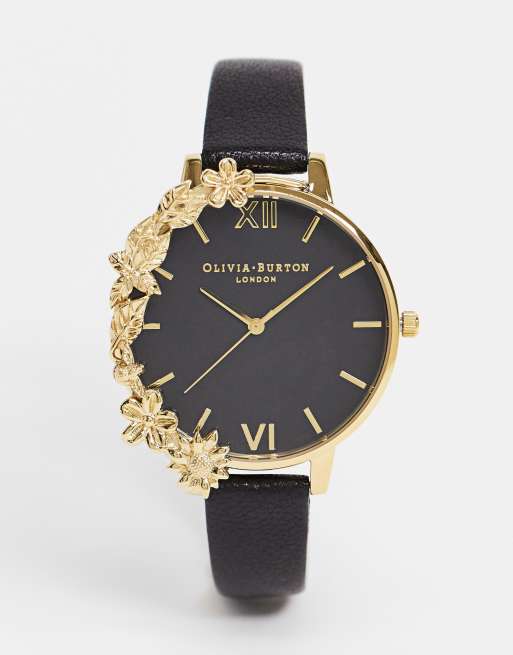 Olivia Burton leather watch with gold floral dial in black | ASOS