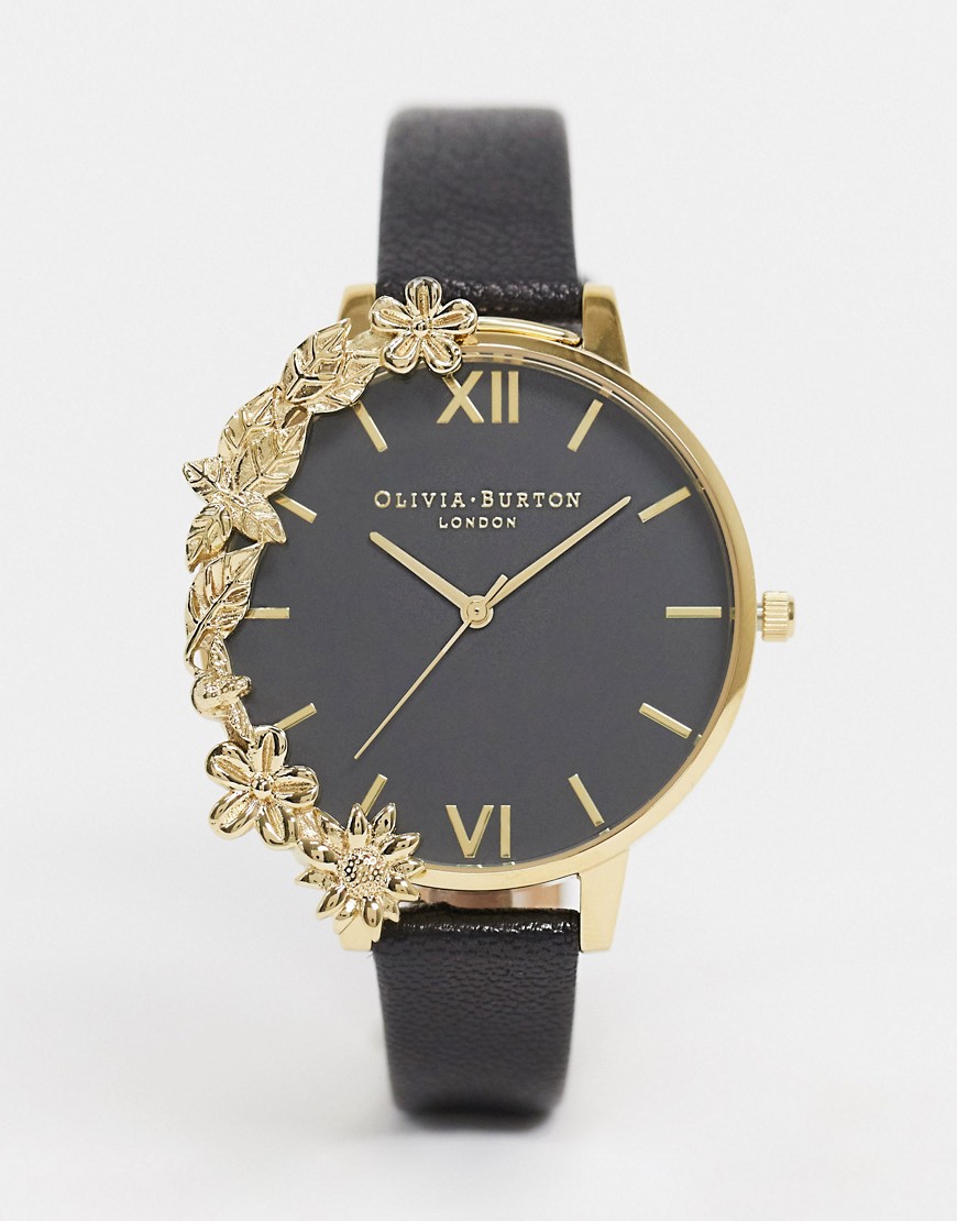 Olivia Burton - Leren horloge met versiering in zwart