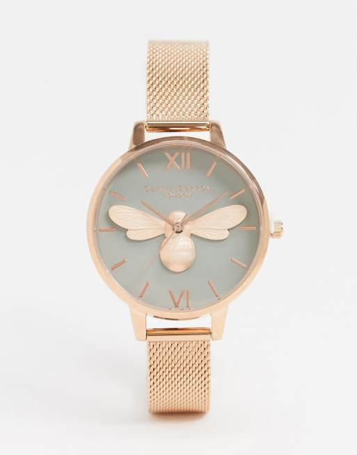 Olivia Burton - Lucky Bee - Armbåndsur i rose gold med mesh-rem
