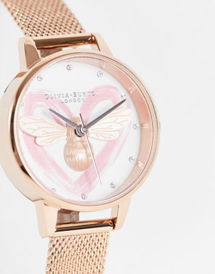 Olivia Burton lucky bee mesh strap watch in rose gold