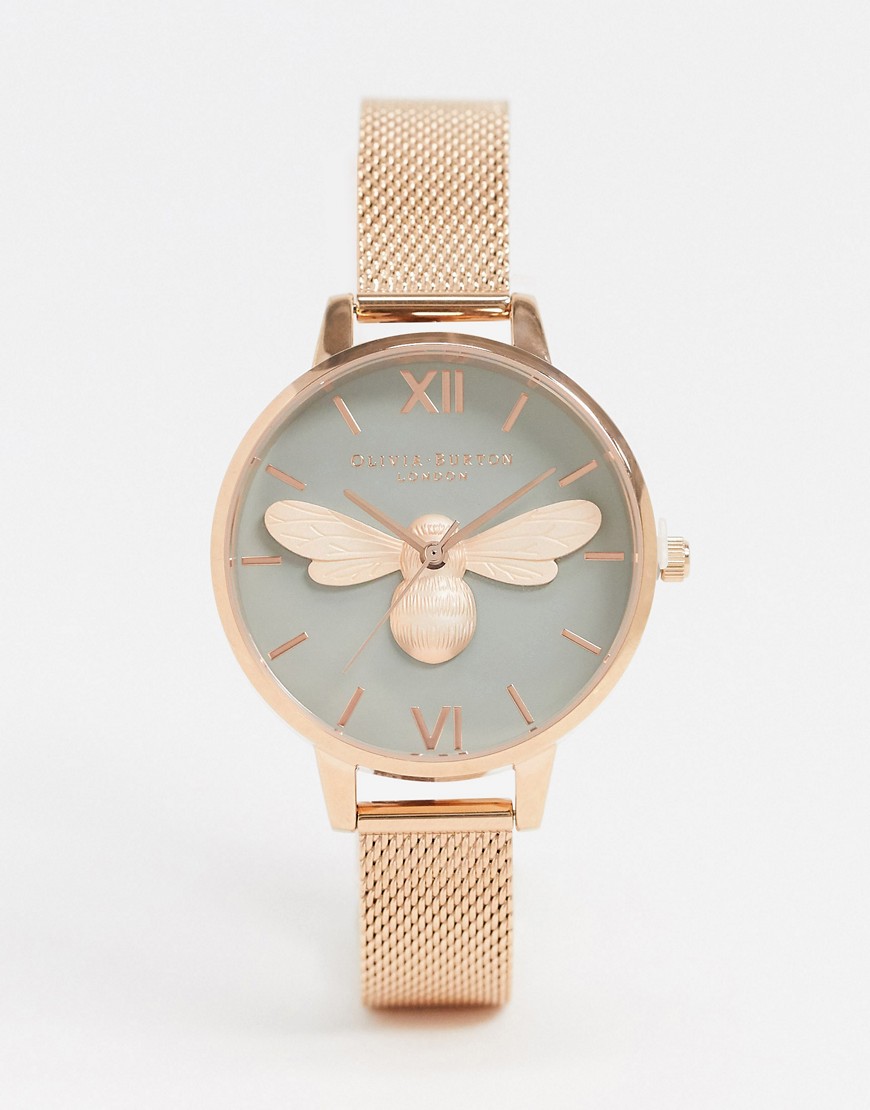 Olivia Burton Lucky Bee mesh watch in rose gold-Pink