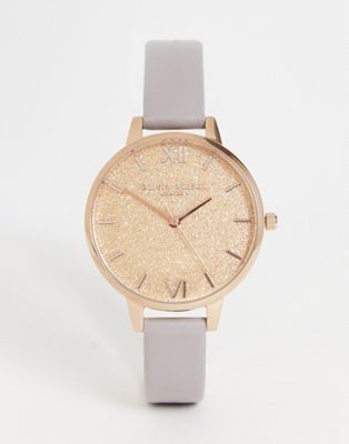 Olivia Burton strap watch with sparkly face in rose gold and lilac