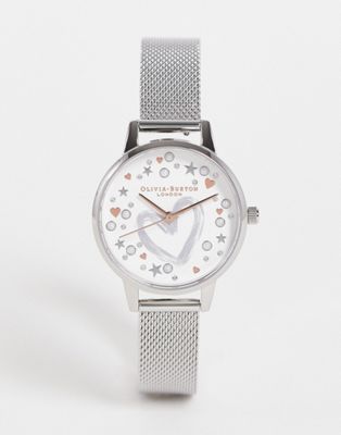 Olivia Burton mesh strap watch with heart face in silver