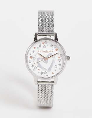 Olivia Burton mesh strap watch with heart face in silver