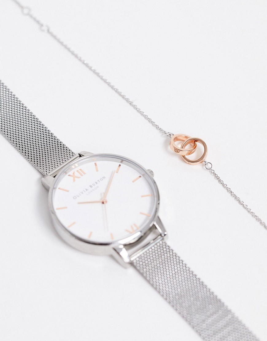 Olivia Burton Mesh watch and bracelet gift set-Silver
