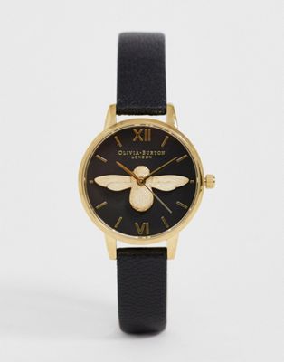 Olivia Burton - Midi-horloge met 3D bij in zwart en goud