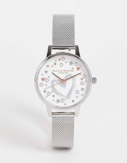 Olivia Burton - Montre avec bracelet en maille et cadran orné d'un cœur - Argenté