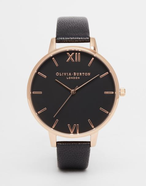 Olivia Burton – OB15BD66 – Uhr mit großem Zifferblatt und Lederarmband in Schwarz und Roségold