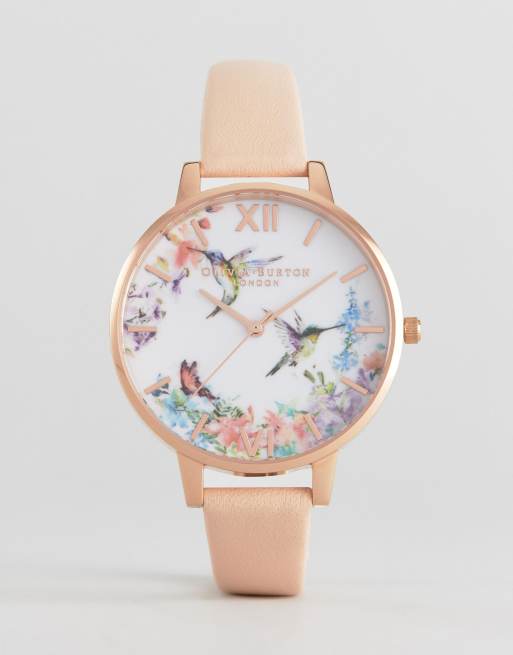 Olivia Burton OB15PP12 Painterly Prints Leather Watch In Nude & Rose Gold