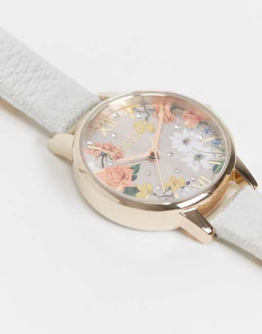 Olivia Burton OB16BF29 Sparkle floral leather watch in silver ASOS