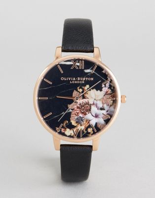 Olivia Burton - OB16CS01 - Leren horloge met marmer en bloemen in zwart/roségoud