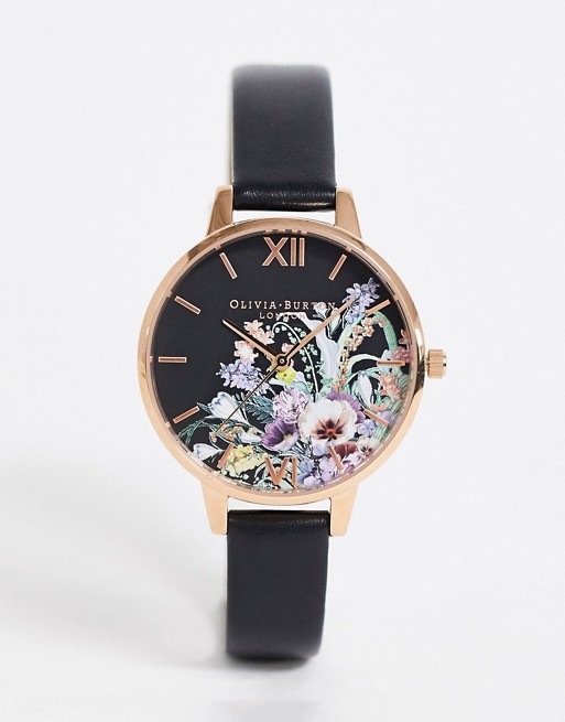 Olivia Burton OB16EG155 Enchanted Garden leather watch in black