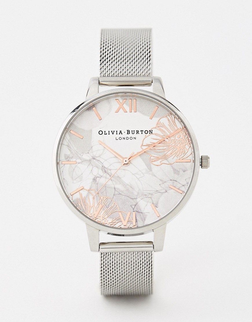 Olivia Burton – OB16VM20 Silverfärgad klocka med abstrakt blommönster och mesh-armband-Röd