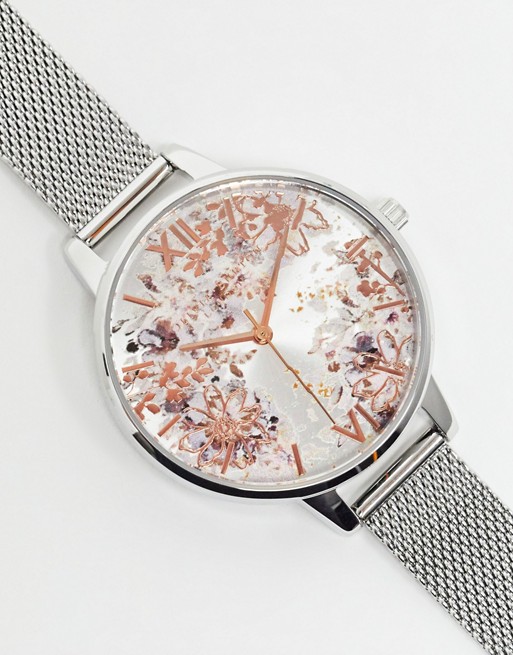 Olivia Burton OB16VM46 Abstract floral mesh watch in silver