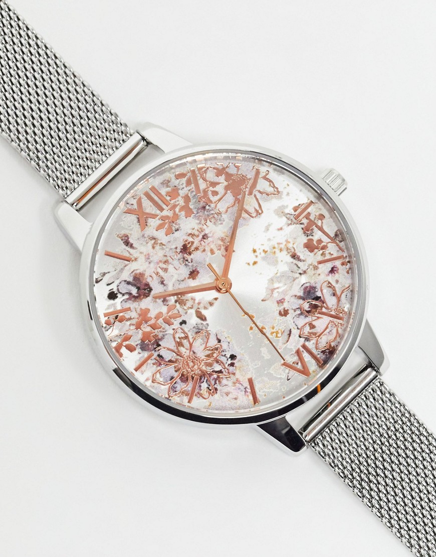 Olivia Burton OB16VM46 Abstracte bloemen-mesh horloge in zilver