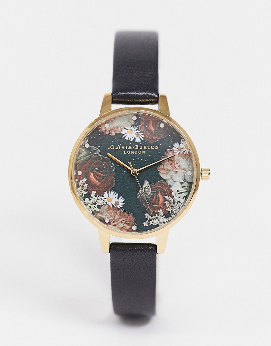 Olivia Burton OB16WG74 Winter blooms sunray dial leather watch in black