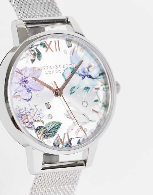 Olivia Burton - Orologio color argento con fiori e cinturino in maglia a rete