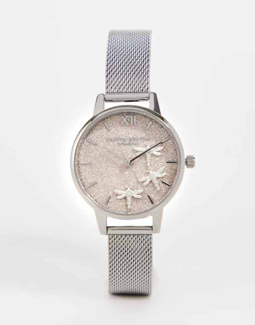 Olivia Burton - Orologio con cinturino in maglia e quadrante glitterato rosa e color argento