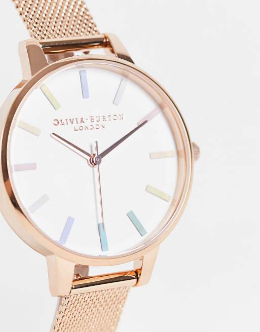 Olivia Burton pastel rainbow dial mesh strap watch in rose gold