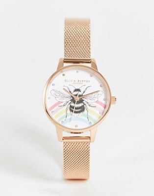 Olivia Burton rainbow bee mesh strap watch in rose gold