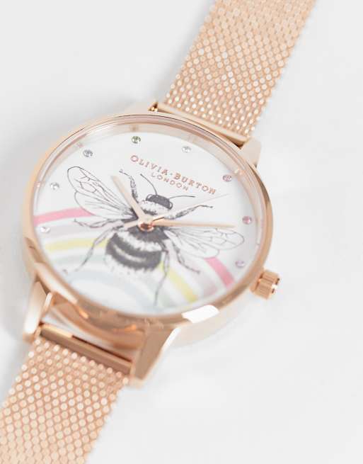 Olivia Burton rainbow bee mesh strap watch in rose gold, 2 of 4