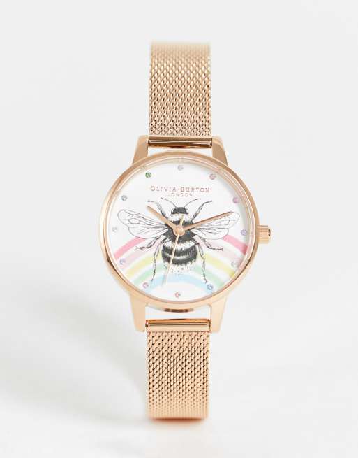 Olivia Burton - Rainbow Bee - Orologio con cinturino in maglia a rete color oro rosa