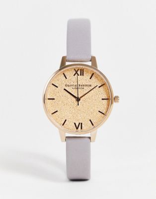 Olivia Burton real leather watch in grey lilac and rose gold