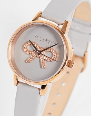 Olivia Burton real leather watch with bow face in grey and rose gold