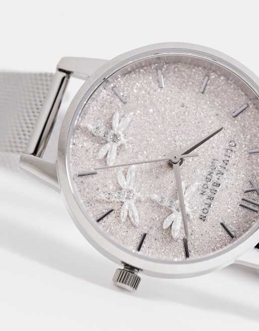 Olivia Burton – Rosa och silverfärgad armbandsklocka med mesharmband och glittrig urtavla, 3 av 4