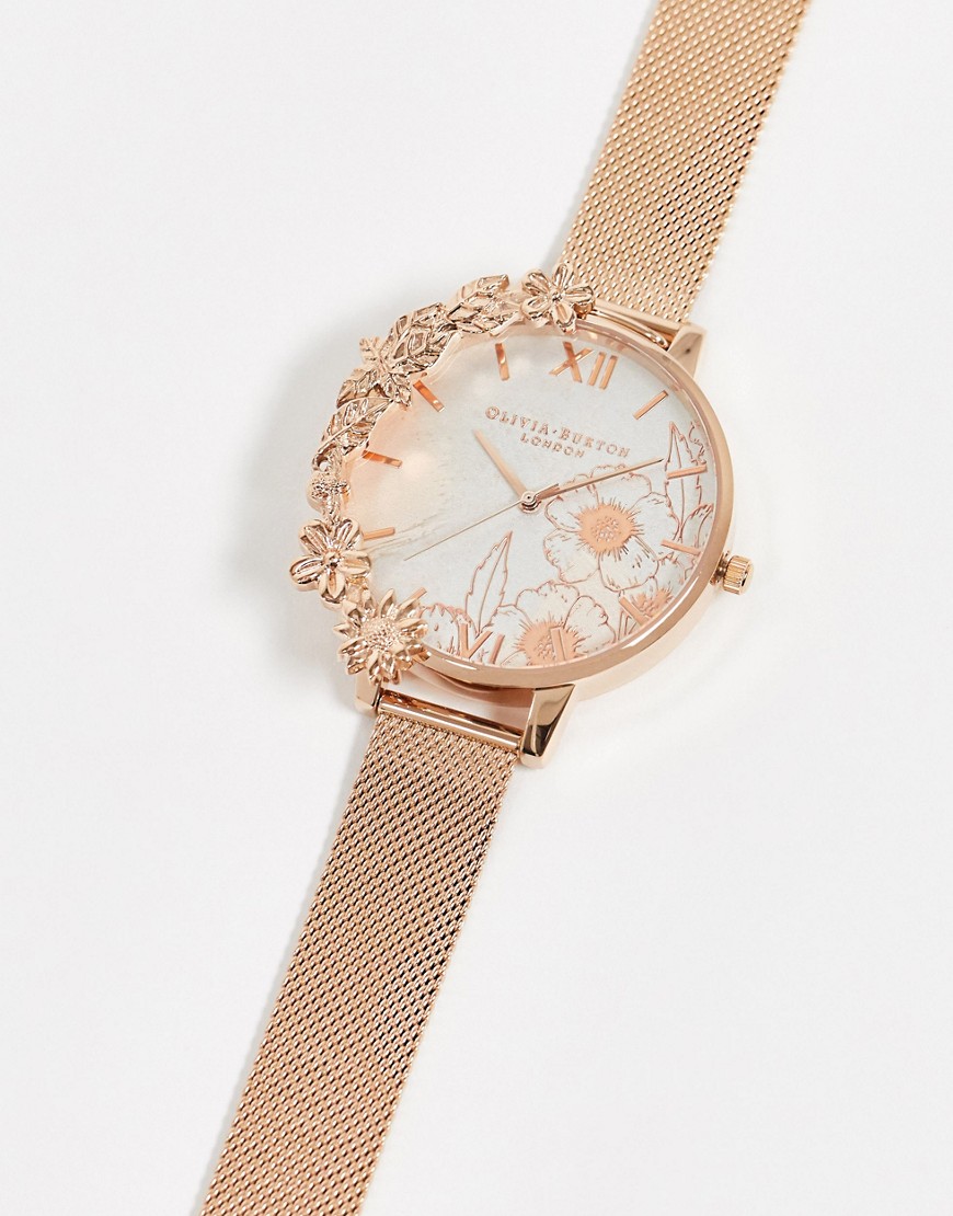 Olivia Burton - Roségoudkleurig mesh horloge met gebloemde wijzerplaat