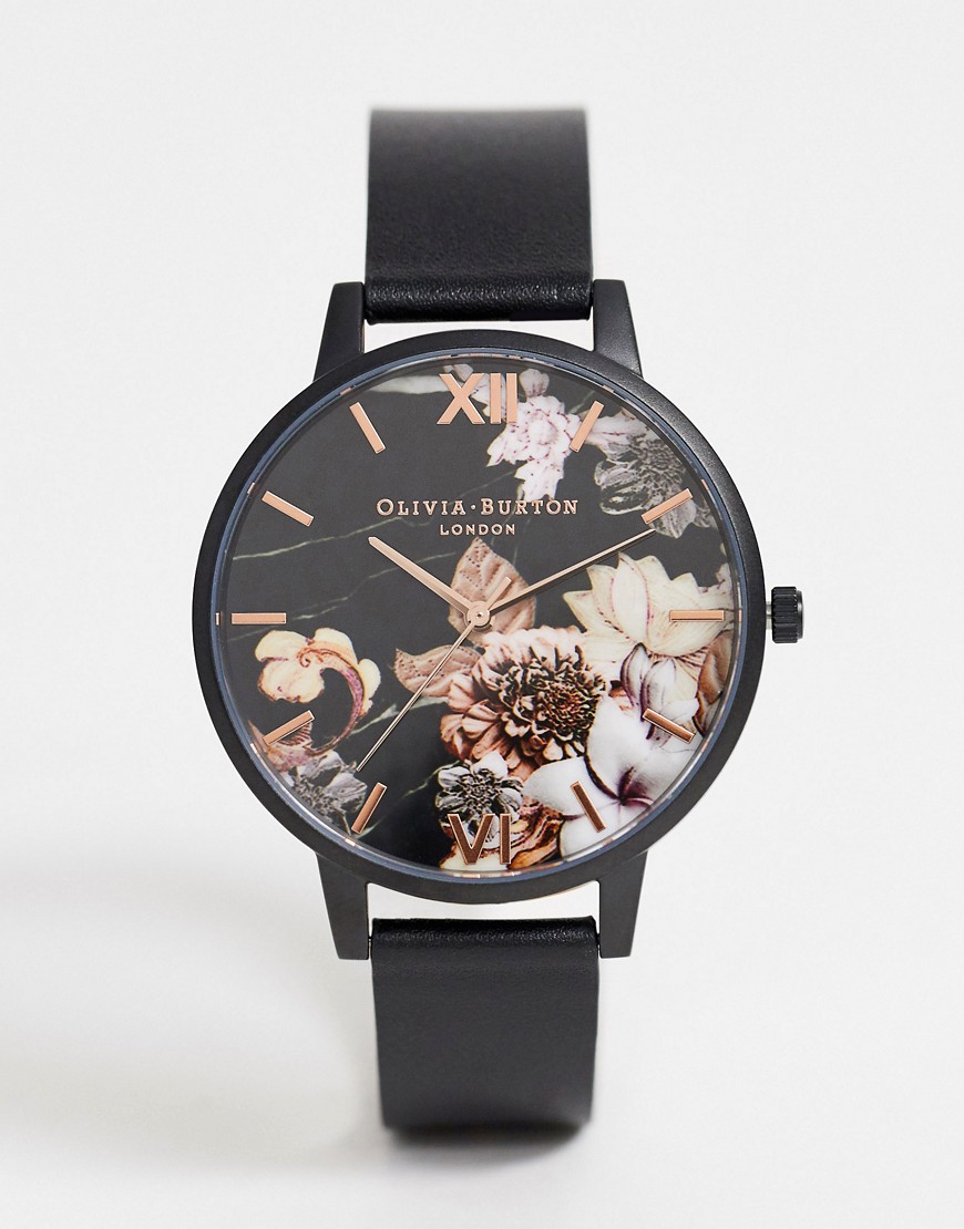 Olivia Burton - Shoreditch - Leren horloge met bloemenprint op de wijzerplaat-Zwart