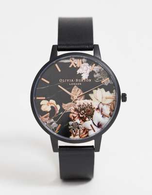 Olivia Burton Shoreditch Montre à bracelet en cuir avec cadran à motif floral sombre Olivia Burton Shoreditch Montre à bracelet en cuir avec cadran à motif floral sombre