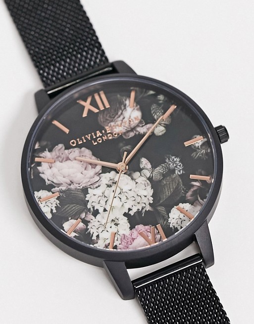 Olivia Burton signature florals mesh watch in black