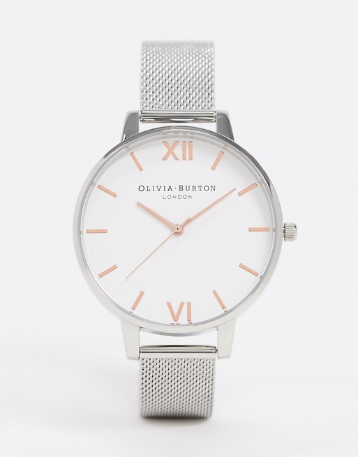 Olivia Burton silver large white dial mesh watch