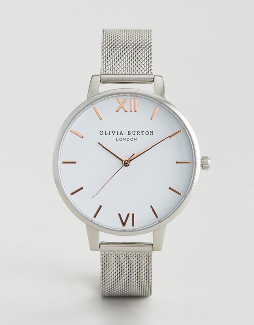 Olivia Burton silver large white dial mesh watch