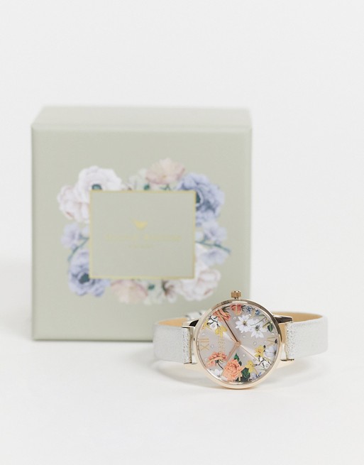 Olivia Burton OB16BF29 Sparkle floral leather watch in silver