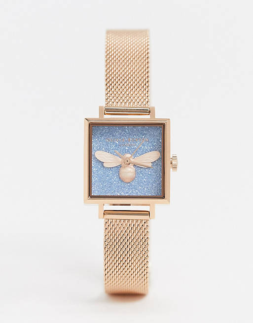 Olivia Burton square mesh lucky bee watch in rose gold