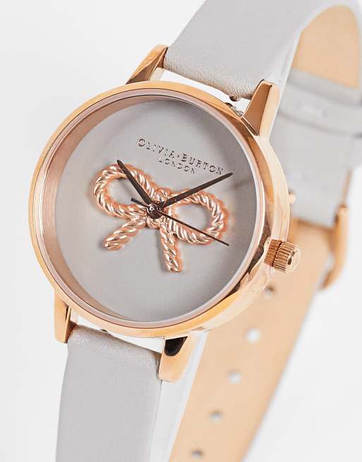 Olivia Burton – Szaro-różowozłoty zegarek z kokardką na tarczy i paskiem z naturalnej skóry