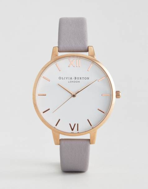 Olivia Burton – Uhr mit graulila Lederarmband und großem, weißem Zifferblatt