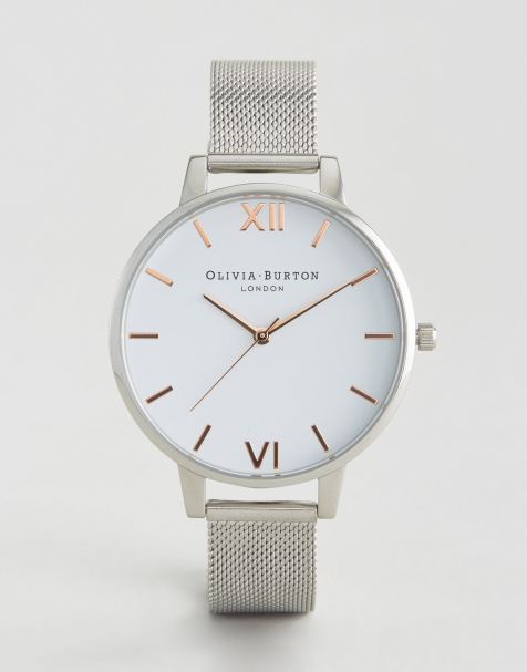 Olivia Burton – Uhr mit großem, weißem Zifferblatt und Netzarmband in Silber