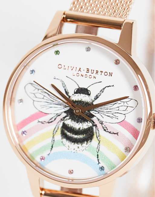 Olivia Burton - Ur med mesh-rem og regnbuefarvet urkasse med bi i rosaguld, 4 af 4