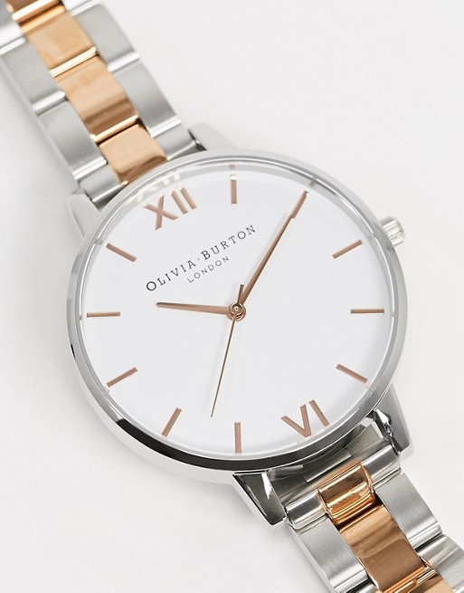 Olivia Burton white dial bracelet watch in silver and rose gold