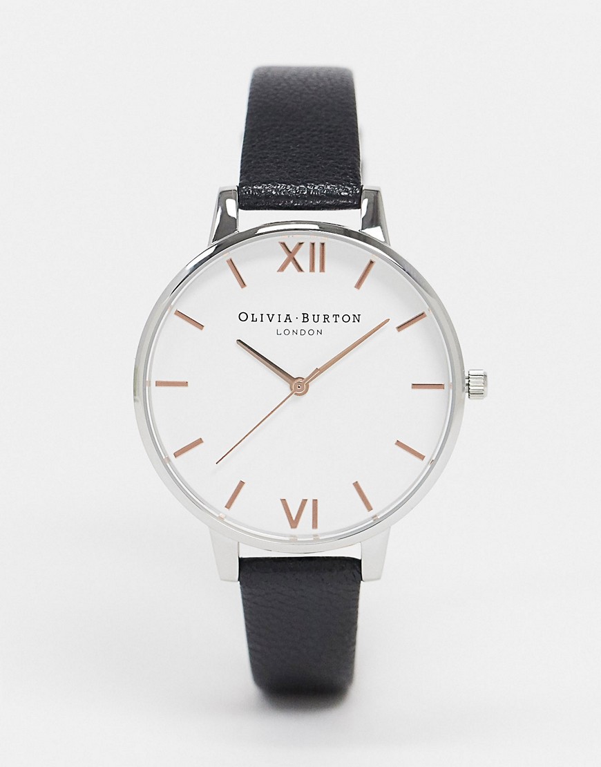 Olivia Burton white dial leather watch in black and rose gold