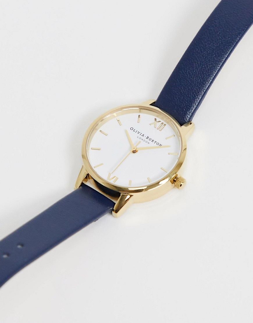 Olivia Burton white dial leather watch in navy and rose gold