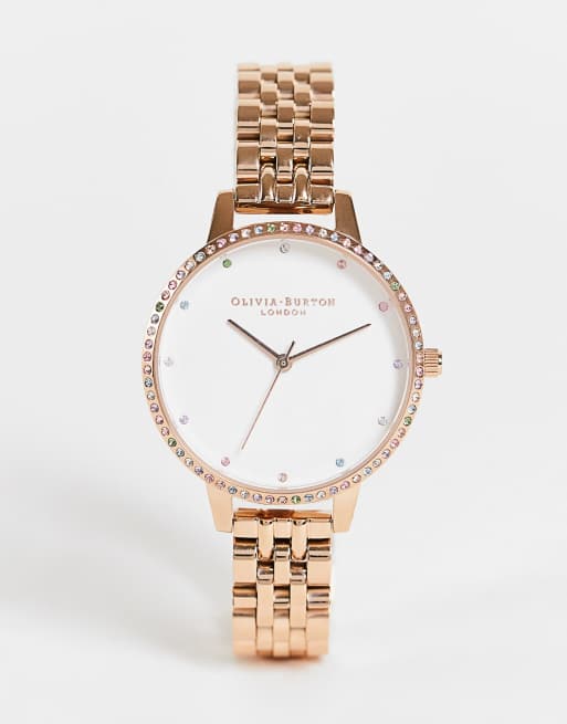 Olivia Burton – Zegarek w kolorze różowego złota na bransolecie z kopertą z tęczowymi kryształkami