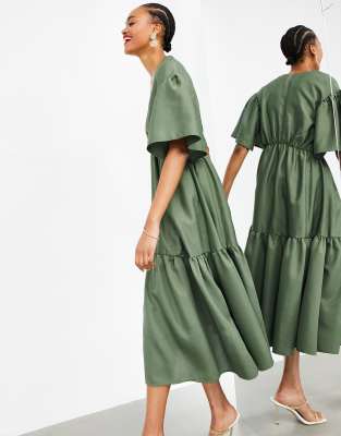 Оливково-зеленое ярусное платье миди из фактурной ткани ASOS EDITION-Зеленый цвет