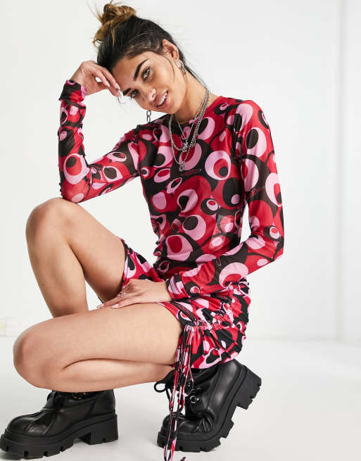 O'Mighty Y2K long sleeve mesh crop top in pink bobble print (Part of a set)